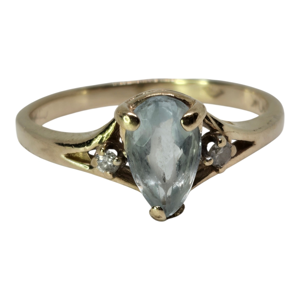 Teardrop Aquamarine and Diamond 10K Yellow Gold Ring - Light Blue